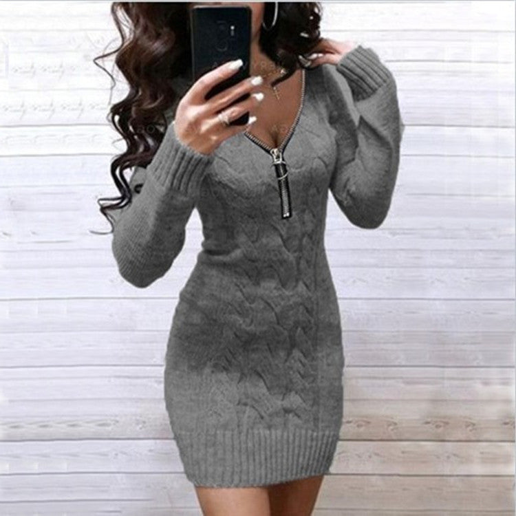 ChicKnit™ Sweater Bodycon Dress met V-hals