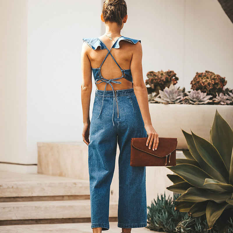 DenimDynasty™ gekantelde denim jumpsuit met ruches