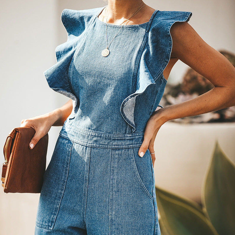 DenimDynasty™ gekantelde denim jumpsuit met ruches