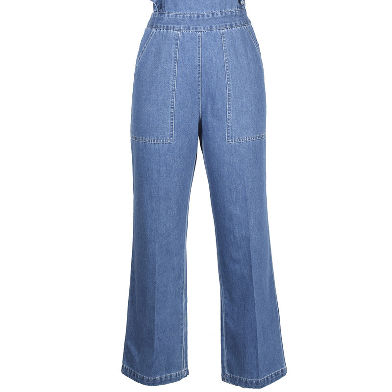 DenimDynasty™ gekantelde denim jumpsuit met ruches