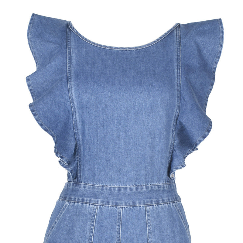 DenimDynasty™ gekantelde denim jumpsuit met ruches