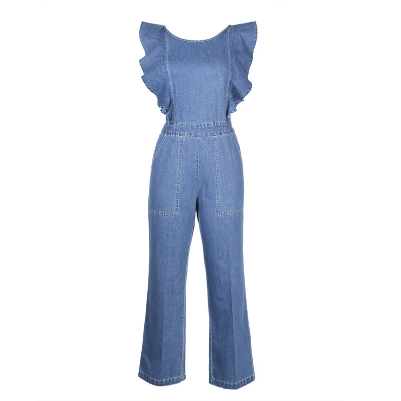 DenimDynasty™ gekantelde denim jumpsuit met ruches