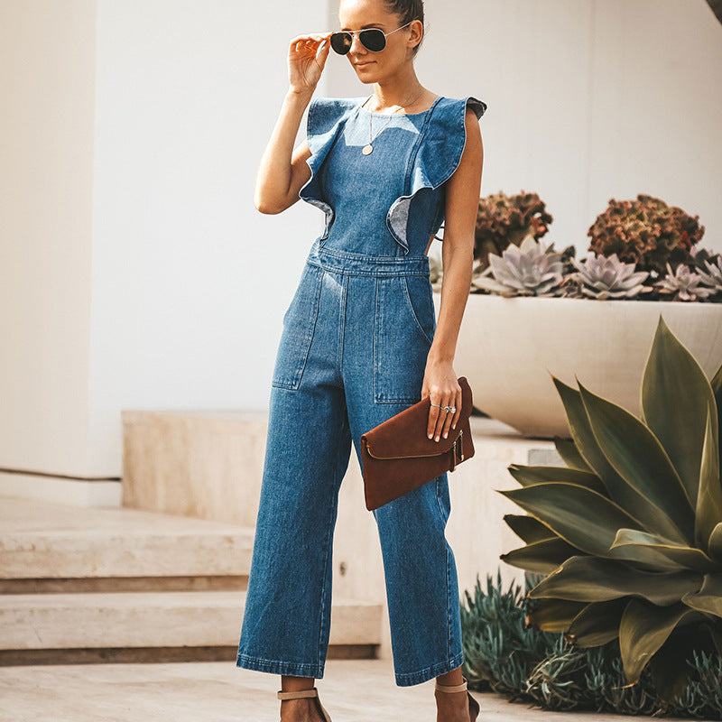 DenimDynasty™ gekantelde denim jumpsuit met ruches