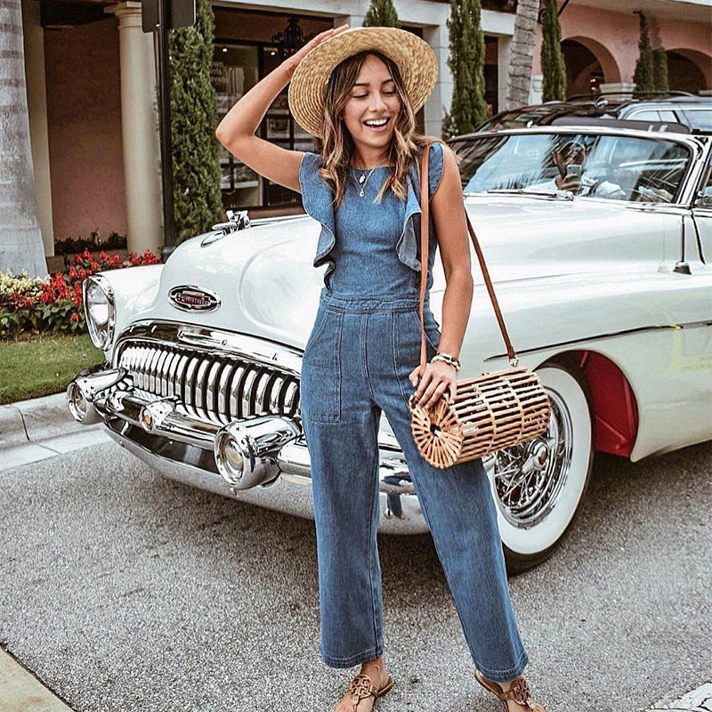 DenimDynasty™ gekantelde denim jumpsuit met ruches