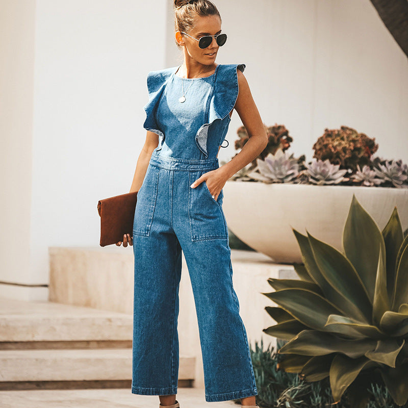 DenimDynasty™ gekantelde denim jumpsuit met ruches